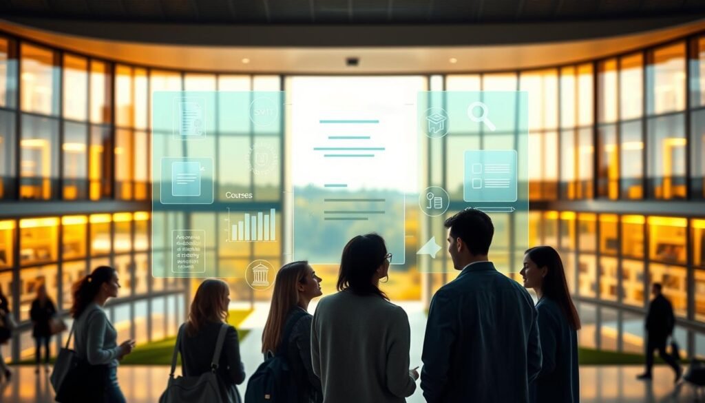 A sleek, modern university campus building with clean, minimalist architecture, illuminated by warm natural lighting from large windows. In the foreground, a group of students and professors engage in discussions, their faces and body language conveying a sense of openness and collaboration. The middle ground features a stylized digital display showcasing academic records, course schedules, and other transparent information, with a subtle hue of blue and green tones. In the background, a blurred landscape of trees and sky, symbolizing the broader academic environment. The overall scene evokes a sense of transparency, accessibility, and a commitment to academic excellence.