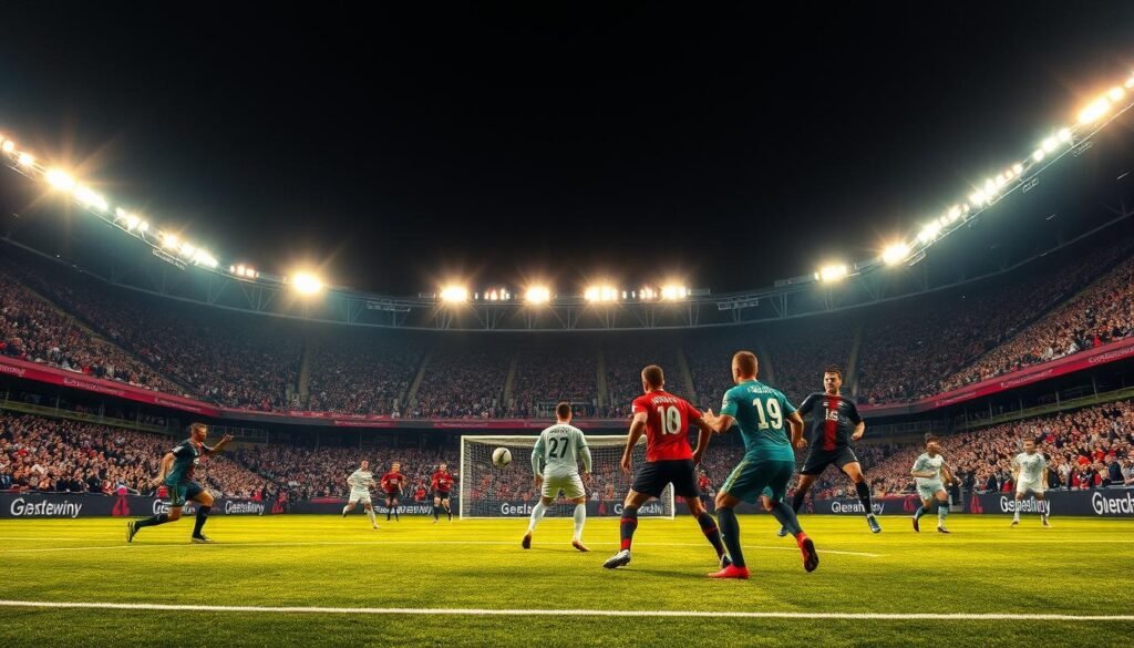 A bustling soccer stadium with a high-intensity match unfolding on the pitch. The floodlights cast a warm, golden glow over the scene, illuminating the players' swift movements and the crowd's electric energy. In the center, the goalkeeper stands vigilant, poised to make a critical save as the opposing team mounts a fierce attack. The backline of defenders, their bodies in taut focus, work in seamless coordination to thwart the advancing strikers. The midfield is a whirlwind of passing, dribbling, and relentless pressing, capturing the frantic tempo that defines the Bundesliga's attacking philosophy. The atmosphere is one of unbridled excitement, where the constant threat of goals keeps both teams and the audience on the edge of their seats.