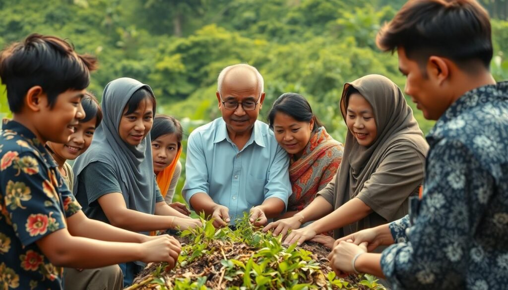A collaborative partnership between government and community, showcasing a harmonious Indonesian model. In the foreground, a diverse group of citizens - young and old, urban and rural - working together on a shared project, their faces filled with determination and pride. In the middle ground, government officials providing guidance and resources, their body language indicating a spirit of cooperation. The background features a verdant, lush landscape, symbolizing the natural abundance and fertile ground for this collaborative endeavor. The lighting is soft and warm, creating a sense of unity and progress. The overall scene conveys a message of collective effort, mutual understanding, and a shared vision for a better future. A collaborative partnership between government and community, showcasing a harmonious Indonesian model. In the foreground, a diverse group of citizens - young and old, urban and rural - working together on a shared project, their faces filled with determination and pride. In the middle ground, government officials providing guidance and resources, their body language indicating a spirit of cooperation. The background features a verdant, lush landscape, symbolizing the natural abundance and fertile ground for this collaborative endeavor. The lighting is soft and warm, creating a sense of unity and progress. The overall scene conveys a message of collective effort, mutual understanding, and a shared vision for a better future.