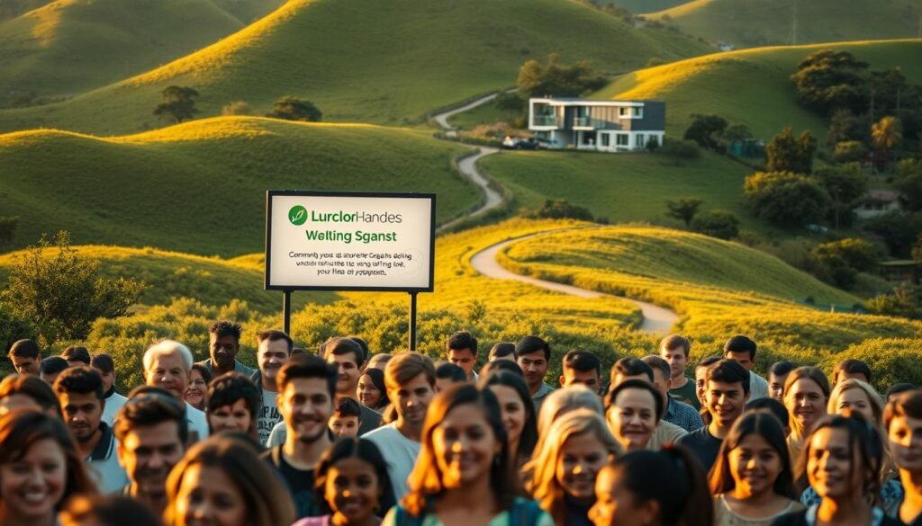 A community commitment program in a lush, verdant setting. In the foreground, a diverse group of people gather, their faces alight with enthusiasm and determination. In the middle ground, a large signboard displays the program's logo and mission statement, bathed in warm, golden lighting. The background features rolling hills, with a winding path leading up to a modern, eco-friendly building - a symbol of the community's collective effort and progress. The scene conveys a sense of unity, purpose, and a deep, tangible commitment to positive change. A community commitment program in a lush, verdant setting. In the foreground, a diverse group of people gather, their faces alight with enthusiasm and determination. In the middle ground, a large signboard displays the program's logo and mission statement, bathed in warm, golden lighting. The background features rolling hills, with a winding path leading up to a modern, eco-friendly building - a symbol of the community's collective effort and progress. The scene conveys a sense of unity, purpose, and a deep, tangible commitment to positive change.