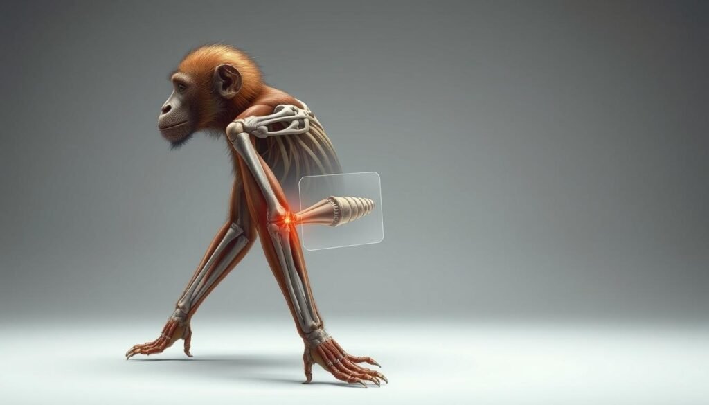 A detailed anatomical illustration of an "orang" (Pongidae), focused on the biomechanics of the elbow joint. Rendered in a technical style with precise linework and muted colors, highlighting the musculoskeletal structure. The orang is positioned in a natural, neutral stance, with the forearm and elbow joint visible in the middle ground. The background is a clean, minimalist studio environment, emphasizing the subject. Subtle ambient lighting casts gentle shadows, accentuating the form. The overall mood is informative and scientific, suitable for an educational article on the relationship between biomechanics and tennis elbow.