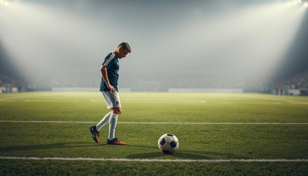 A football field with a focused player in the foreground, standing ready to kick a ball. The player's stance and concentration convey their determination. The field is well-lit, with a hazy, atmospheric quality that suggests a high-stakes match. The background is blurred, keeping the viewer's attention on the player and the ball. The scene captures the tension and anticipation of a pivotal moment in a game, inviting the viewer to imagine the outcome of the long pass.