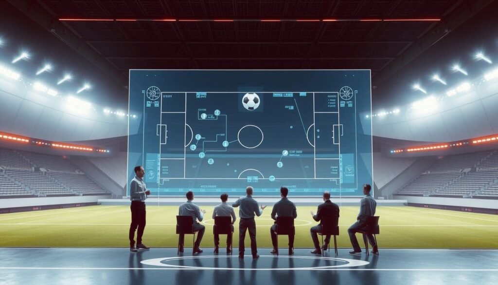 A futuristic and technologically advanced scene depicting the decision-making process in a football match. A large transparent display hovers in the foreground, showcasing a three-dimensional rendering of the playing field and real-time player and ball data. In the middle ground, a panel of expert analysts examines the display, gesturing and conferring as they make critical decisions. The background features a sleek, minimalist stadium with clean lines and subtle lighting, creating a sense of order and precision. The overall mood is one of clinical efficiency, with technology seamlessly integrated into the fabric of the game.