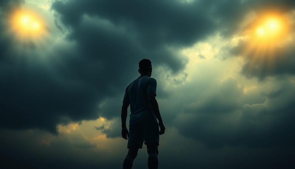A lone soccer player, their silhouette standing tall against a backdrop of a dimly lit, storm-swirling sky. Determination etched in their posture, the player's gaze fixed on the horizon, undaunted by the looming challenges. Rays of golden light pierce through the gloom, illuminating the player's resolute expression, a beacon of unwavering will. The scene conveys a sense of solitude and inner strength, a metaphor for the journey of overcoming insurmountable odds. Cinematic lighting and a moody, atmospheric environment heighten the drama and inspire a sense of awe and inspiration.