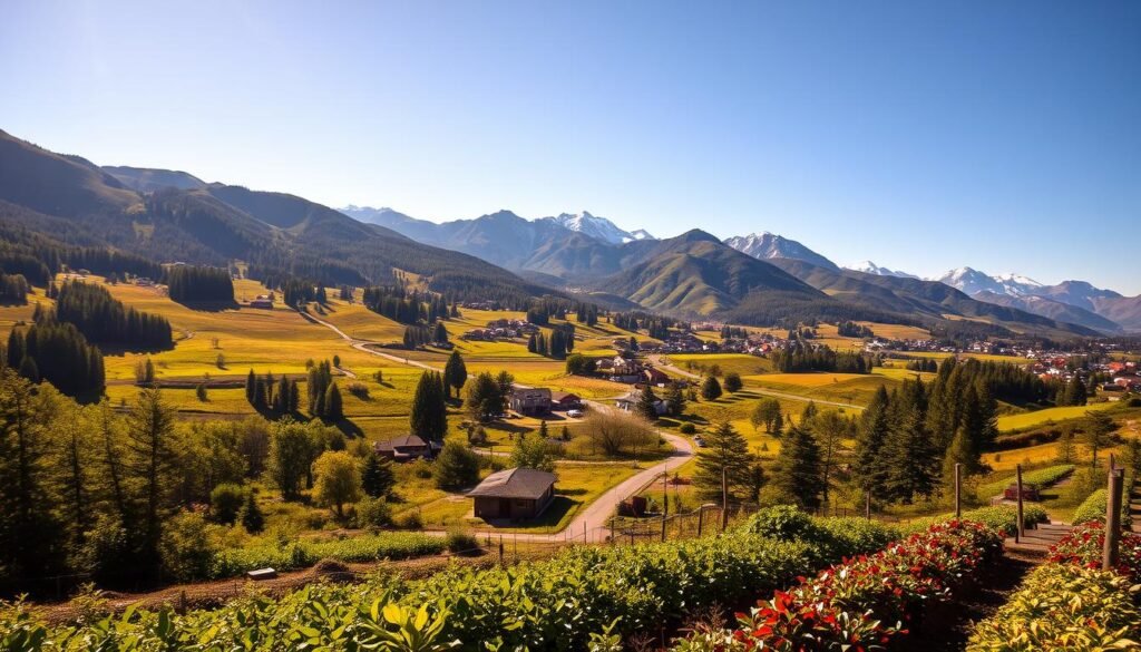 A lush, verdant landscape of rolling hills and fertile valleys, bathed in warm, golden sunlight. In the foreground, a thriving community garden overflows with vibrant produce, tended by diligent hands. Winding pathways lead through the middle ground, where small homes and businesses nestle amidst a canopy of towering, leafy trees. In the distance, rugged, snow-capped mountains rise up, their peaks piercing the clear, azure sky. The scene exudes a sense of harmony and balance, where the natural world and human endeavor coexist in perfect symbiosis, reflecting the integration of environmental and economic factors. A lush, verdant landscape of rolling hills and fertile valleys, bathed in warm, golden sunlight. In the foreground, a thriving community garden overflows with vibrant produce, tended by diligent hands. Winding pathways lead through the middle ground, where small homes and businesses nestle amidst a canopy of towering, leafy trees. In the distance, rugged, snow-capped mountains rise up, their peaks piercing the clear, azure sky. The scene exudes a sense of harmony and balance, where the natural world and human endeavor coexist in perfect symbiosis, reflecting the integration of environmental and economic factors.