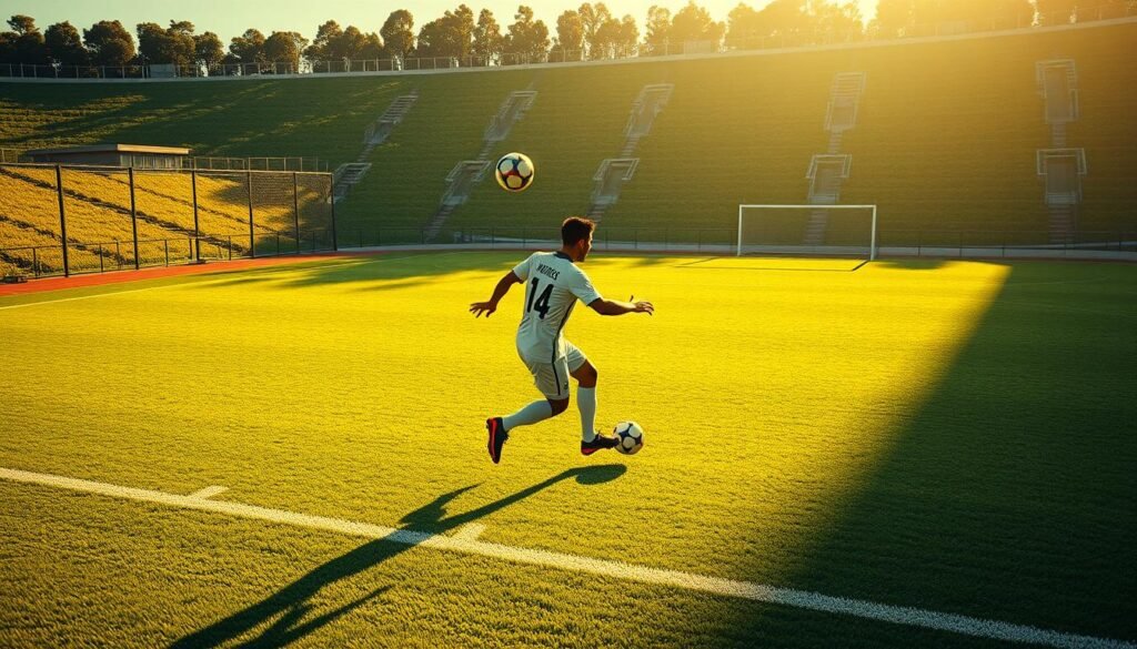 A meticulously rendered scene of a professional soccer player elegantly executing a 40-meter pinpoint pass. The player, shrouded in a sharp uniform, is captured mid-stride, their focused gaze fixed on the trajectory of the ball as it cuts through the air with precision. The backdrop is a lush, well-manicured soccer pitch, bathed in warm, golden sunlight that casts dramatic shadows across the ground. The camera angle is slightly elevated, providing a panoramic view that emphasizes the player's technical mastery and the pinpoint accuracy of the pass. An atmosphere of intensity and skill pervades the image, reflecting the rarity and importance of such a feat within the context of the Indonesian Liga 1 league.