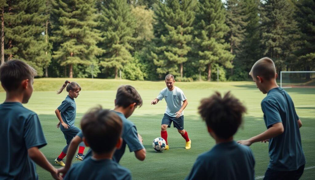 A serene, well-lit training ground with young soccer players engaged in dynamic, skill-building drills. In the foreground, a group of talented youths practice ball control, their focused expressions captured in a medium close-up shot. The middle ground features an experienced coach providing hands-on guidance, demonstrating proper technique with a warm, encouraging demeanor. The background showcases a lush, verdant field framed by towering pine trees, conveying a sense of tranquility and natural abundance that nurtures the development of these promising players. The overall atmosphere exudes a spirit of camaraderie, discipline, and the pursuit of excellence, reflecting the holistic approach to player development.