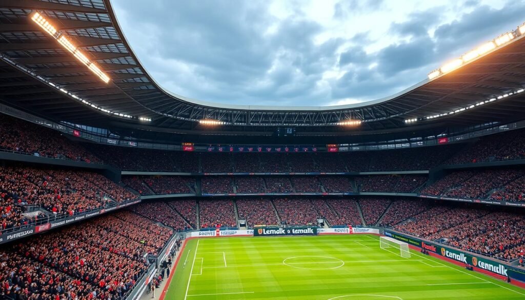 A sprawling, modern Bundesliga stadium with a vast, elliptical grandstand structure. The facade is clad in sleek, angular steel and glass, reflecting the dynamic atmosphere within. Floodlights cast a warm, golden glow over the scene, illuminating the throngs of passionate fans gathered in the terraces below. The pitch is a lush, emerald green, ready to host an intense match. The air is electric with anticipation, as the roar of the crowd echoes through the concourses. This is the heart of Bundesliga football, where the 50+1 rule ensures fan ownership and involvement, creating a unique, community-driven experience.