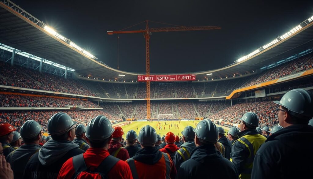 A bustling football stadium undergoing a grand renovation, with fans eagerly awaiting the unveiling of the transformed venue. In the foreground, a group of avid supporters gaze in awe at the sleek, modern architecture, their faces lit by the warm glow of the stadium lights. The middle ground captures the energy of the construction workers, their hard hats and reflective vests a testament to the meticulous effort required to modernize the aging structure. In the background, the towering cranes and scaffolding serve as a dramatic backdrop, hinting at the scale and ambition of the project. The overall atmosphere is one of anticipation and excitement, as the fans eagerly anticipate the enhanced matchday experience that the renovated stadium will provide.