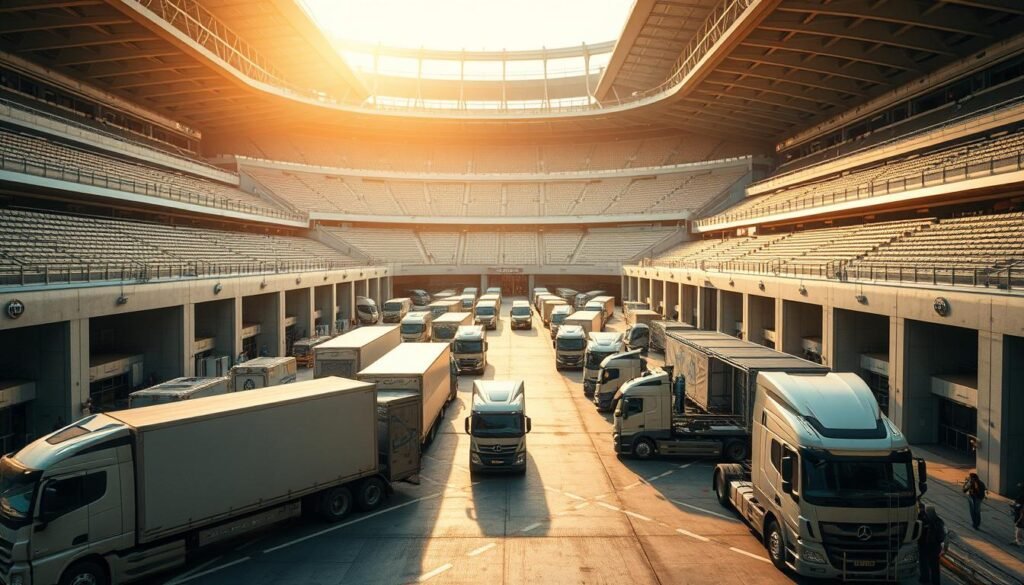 A bustling logistics hub at the heart of Real Madrid's new stadium, with a meticulously choreographed flow of vehicles and equipment. In the foreground, sleek delivery trucks unload their cargo, the backdrop a maze of intersecting tunnels and ramps. Overhead, camera crews maneuver their equipment, capturing the behind-the-scenes activity. The scene is bathed in a warm, golden light, conveying the efficiency and precision of the logistical operation that powers the matchday spectacle. A bustling logistics hub at the heart of Real Madrid's new stadium, with a meticulously choreographed flow of vehicles and equipment. In the foreground, sleek delivery trucks unload their cargo, the backdrop a maze of intersecting tunnels and ramps. Overhead, camera crews maneuver their equipment, capturing the behind-the-scenes activity. The scene is bathed in a warm, golden light, conveying the efficiency and precision of the logistical operation that powers the matchday spectacle.