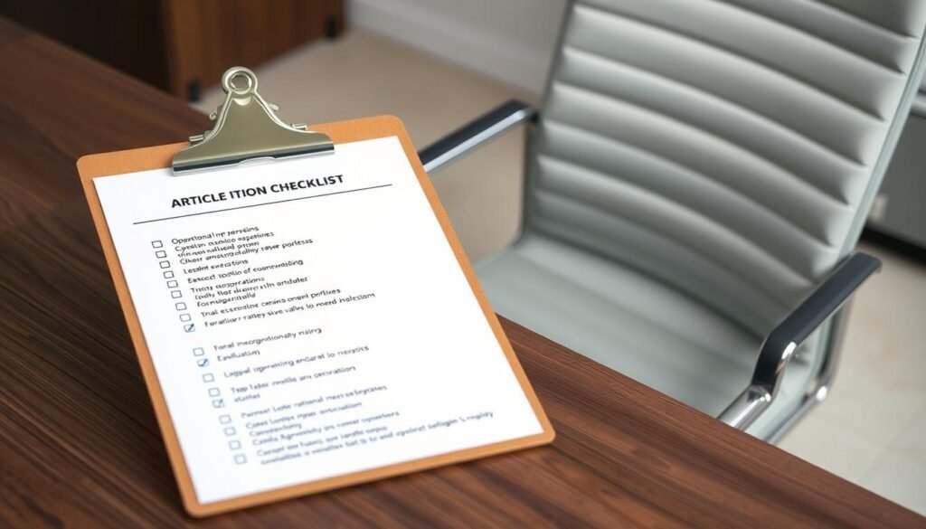 A detailed checklist of operational information, displayed on a professional-looking clipboard with a metal clip. The clipboard is positioned on a sleek, minimalist desk made of dark wood, with a modern office chair in the background. The lighting is soft and even, creating a sense of focus and attention to detail. The checklist contains various items related to operational processes, workflows, and continuous evaluation, reflecting the subject matter of the article section. The overall scene conveys a sense of organization, efficiency, and a commitment to data-driven decision-making.
