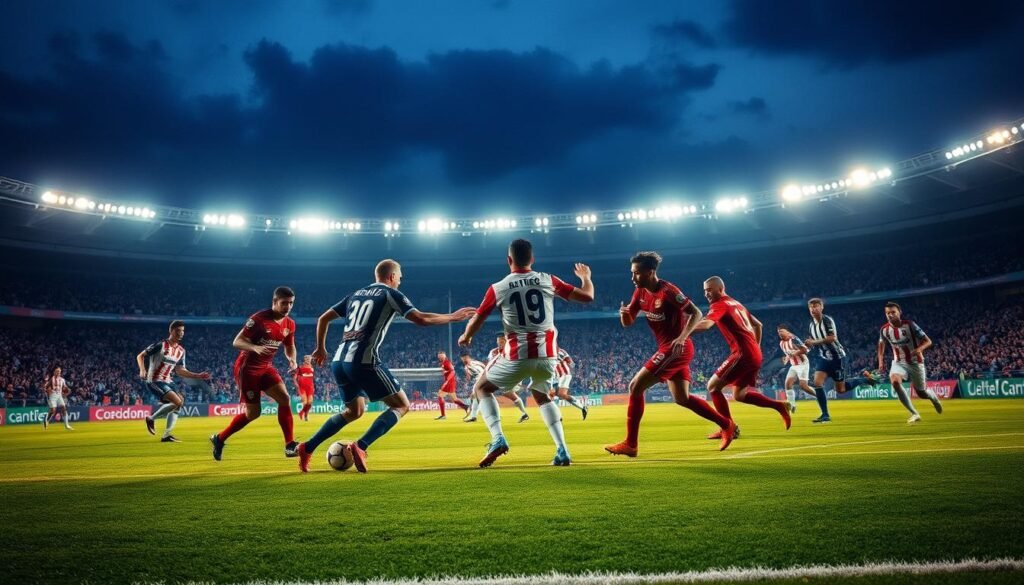 A dramatic evening match in the iconic Serie A football league, the Liga Italiana. The floodlit stadium stands in the background, casting a warm glow over the pitch. In the foreground, players in their team jerseys engage in a tense on-field battle, their movements frozen in time as they vie for possession of the ball. The scene exudes an atmosphere of intensity and high stakes, capturing the essence of the late-game substitutions that can so often decide the outcome of these thrilling matches.