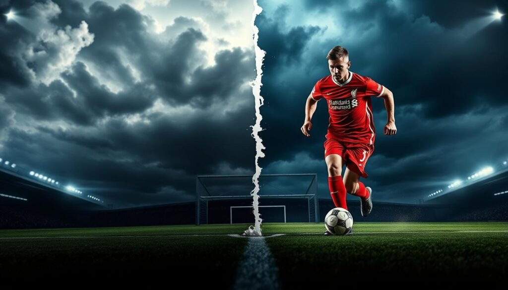A dynamic split-image composition showcasing the strengths and weaknesses of Liverpool Football Club. In the foreground, feature a skilled Liverpool player in a vibrant red jersey, dribbling the ball with determination, symbolizing the team's attacking strength. In the background, depict a dark, cloudy sky representing challenges, with a subtle illustration of a defensive formation crumbling, hinting at weaknesses. Utilize dramatic lighting to highlight the player in the foreground while casting shadows in the background, creating a mood of intensity and competition. Capture this scene with a wide-angle lens, focusing on the contrast between the player’s agility and the looming obstacles, evoking a sense of urgency and strategy in a football match atmosphere.