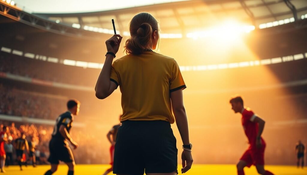 A female referee standing confidently in the center of a football pitch, her whistle in hand, leading a heated match between two rival teams. The scene is bathed in warm, golden sunlight, creating a sense of drama and intensity. The players are locked in a fierce battle, their expressions focused and determined, as the referee calmly oversees the proceedings with an authoritative yet compassionate presence. The stadium's stands are filled with cheering fans, their silhouettes creating a vibrant backdrop to the central action. The image captures the power, passion, and inspiring nature of a woman leading a high-stakes sporting event, defying expectations and paving the way for others.