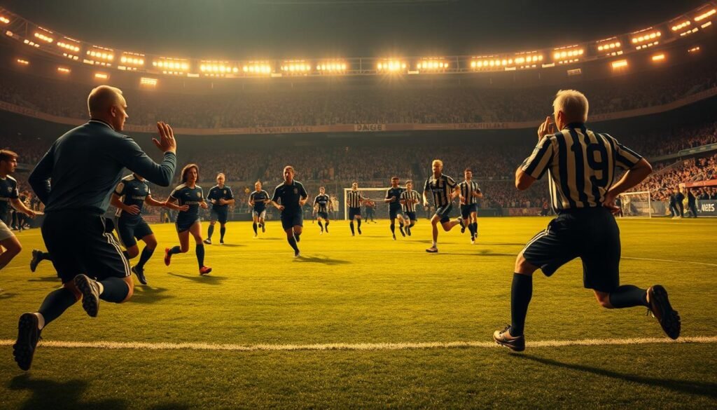 A high-energy scene of a bustling football pitch, captured with a wide-angle lens to convey the immersive atmosphere. In the foreground, players dash across the field, their boots pounding the grass as they react with intense expressions to the fast-paced action. The middle ground features the animated gestures of the coaches, their hands cutting through the air as they shout instructions, while the referees carefully monitor the game, their whistles at the ready. In the background, the roar of the crowd echoes through the stadium, creating a palpable sense of anticipation and excitement. Warm, golden lighting illuminates the scene, casting dramatic shadows and highlighting the dynamic movements of the participants. The overall mood is one of electric energy, capturing the raw, unfiltered essence of the beautiful game.