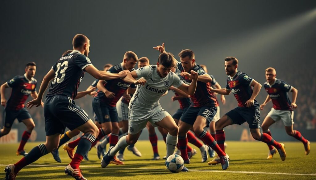 A high-intensity football match in the Bundesliga, with players aggressively pressing and challenging for the ball. The scene captures the frenetic pace and attacking mentality of the league, with the camera angle low and close to the action, accentuating the physicality and energy of the players. Warm, dynamic lighting casts dramatic shadows, creating a sense of urgency and dynamism. The background is blurred, keeping the focus on the intense on-field confrontation, where two teams battle for possession in a highly competitive, high-tempo encounter.