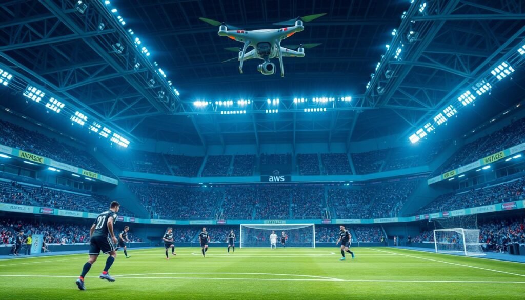 A high-tech football stadium with a pristine green pitch, surrounded by sleek, futuristic architecture and glowing 5G antennas. Players wearing smart uniforms with built-in sensors move with precision, as a VAR system and goal-line technology monitor the game in real-time. Overhead, a drone captures aerial footage, while an AWS cloud server processes the data, making split-second decisions with pinpoint accuracy. The scene is bathed in a cool, blue-tinted lighting, creating a sense of technological sophistication and innovation.