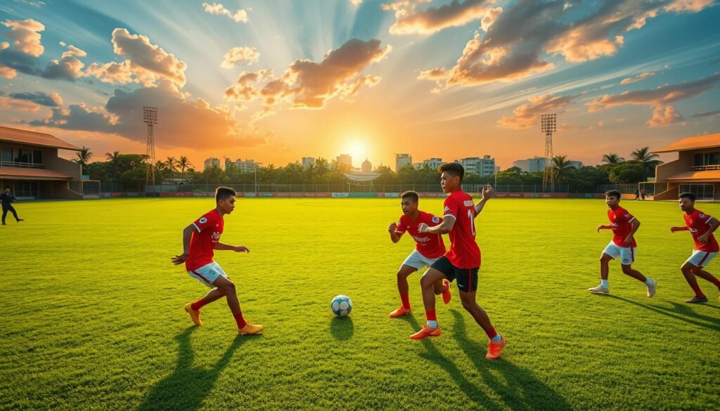 A lush, verdant pitch set against a backdrop of a vibrant, sun-drenched Indonesian skyline. In the center, a team of skilled footballers in the iconic red-and-white jerseys of the Timnas Indonesia national team, their movements fluid and precise as they engage in a spirited match. The players' expressions are intense, their eyes focused on the ball as they weave intricate passing patterns, showcasing the technical prowess and tactical acumen that has made Indonesia's football heritage so revered. Warm, golden light bathes the scene, lending an air of timeless elegance and passion to the proceedings. This image captures the essence of Indonesia's footballing legacy, a proud tradition that has produced some of the most legendary strikers in the game's history.