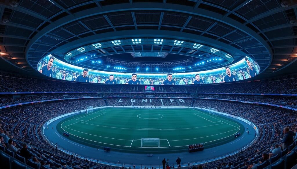 A massive, state-of-the-art 360-degree panoramic display system dominates the interior of the newly renovated Santiago Bernabeu stadium. The curved, seamless screen stretches across the entire length of the field, creating an immersive, cinematic experience for spectators. The screen's ultra-high resolution captures every minute detail, from the players' expressions to the movement of the ball, allowing fans to feel as if they are right in the heart of the action. Ambient lighting bathes the stadium in a warm, atmospheric glow, complementing the vivid, lifelike imagery on the screen. The innovative design of this cutting-edge technology is a testament to the stadium's commitment to providing an unparalleled viewing experience for all who visit. A massive, state-of-the-art 360-degree panoramic display system dominates the interior of the newly renovated Santiago Bernabeu stadium. The curved, seamless screen stretches across the entire length of the field, creating an immersive, cinematic experience for spectators. The screen's ultra-high resolution captures every minute detail, from the players' expressions to the movement of the ball, allowing fans to feel as if they are right in the heart of the action. Ambient lighting bathes the stadium in a warm, atmospheric glow, complementing the vivid, lifelike imagery on the screen. The innovative design of this cutting-edge technology is a testament to the stadium's commitment to providing an unparalleled viewing experience for all who visit.