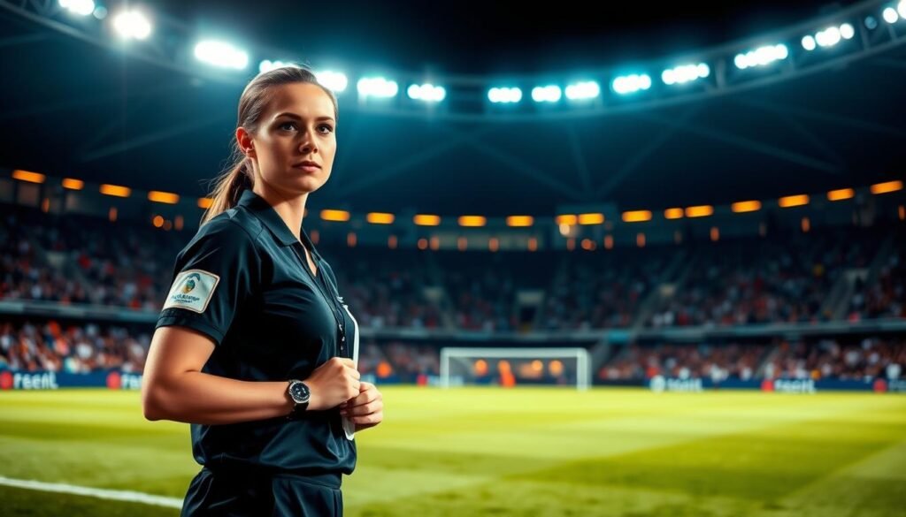 A professional female referee stands confidently on a soccer field, her uniform crisp and her whistle at the ready. The stadium lights cast a dramatic glow, illuminating her determined expression as she oversees the match. In the background, the crowd watches with anticipation, their energy palpable. The scene conveys a sense of professionalism, breaking down barriers, and the empowerment of women in sports leadership roles, reflecting the article's focus on overcoming stigma and championing gender equality in the field.