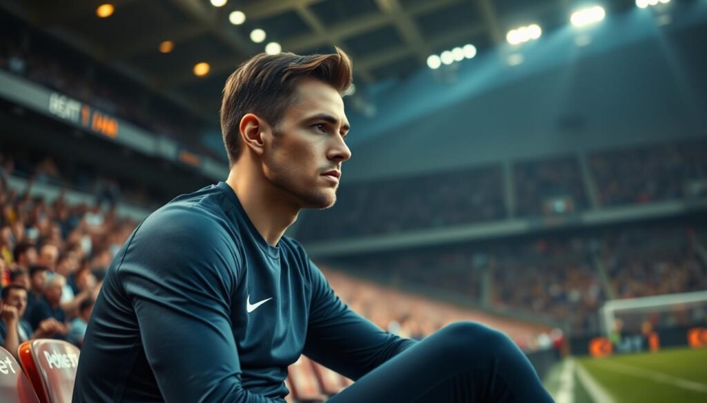 A professional soccer player, dressed in a sleek, navy-blue uniform, sits on the bench, intently observing the game unfolding before him. The stadium lights cast a warm glow, highlighting his focused expression as he analyzes the defensive patterns of the opposing team. His body language conveys a quiet confidence, a sense that he is ready to make an impact when called upon. In the background, the crowd roars with anticipation, creating an electric atmosphere that further emphasizes the importance of this pivotal moment. The camera angles capture the player's perspective, immersing the viewer in the strategic mindset of a talented substitute, poised to become the game's decisive difference-maker.