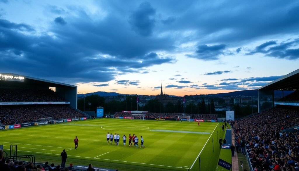 A serene evening at Villa Park, home to the UEFA Europa League match. The stadium's iconic architecture stands tall, its floodlights casting a warm glow over the lush, well-manicured pitch. In the foreground, the players of the two competing teams take the field, their uniforms reflecting the vibrant colors of their respective clubs. The crowd, a sea of passionate supporters, fills the stands, their energy and anticipation palpable. In the distance, the historic city of Graz, Austria, can be seen, its skyline silhouetted against a deep, contemplative sky. The scene captures the essence of the Europa League, a competition that showcases the skill and dedication of teams striving for European glory.
