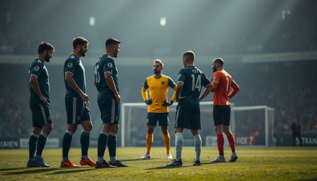 A tense moment on the football field as the players engage in intense self-talk, their body language and facial expressions conveying the weight of the game. In the foreground, two defenders lock eyes, their brows furrowed, hands gesturing emphatically as they communicate tactics. In the middle ground, the goalkeeper surveys the scene, his stance poised and alert. The background is blurred, the stadium stands a hazy outline, focusing the viewer's attention on the players' grounding self-talk. Dramatic lighting casts long shadows, heightening the drama and tension of the moment. The scene is captured with a wide-angle lens, giving a sense of the scale and importance of the game.