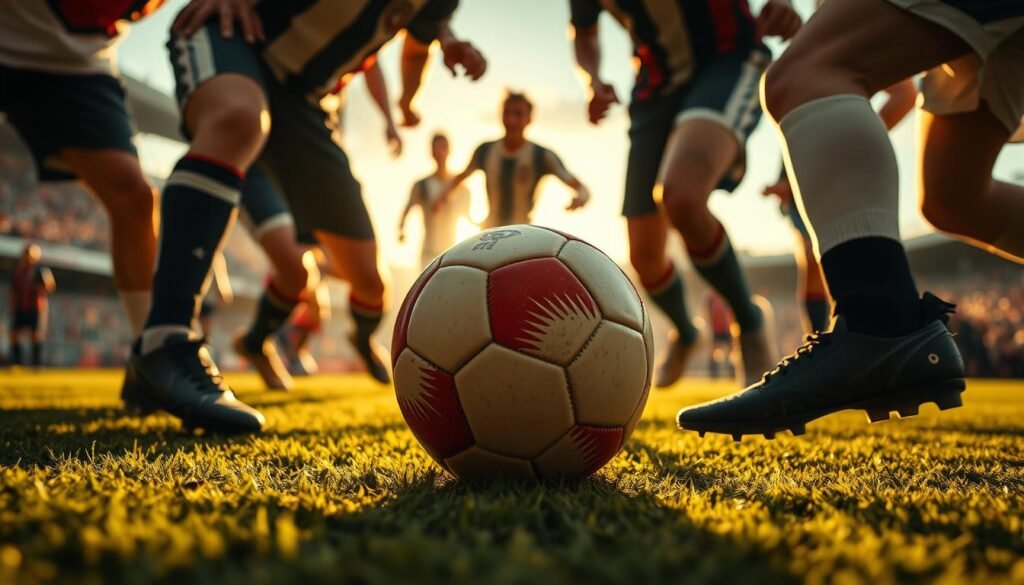A tightly contested soccer match, the players jostling for possession of a motionless ball on the pitch. The scene is bathed in a warm, golden light, casting long shadows that accentuate the tension and drama. The camera angle is low, almost at ground level, putting the viewer in the thick of the action, feeling the intensity of the moment. The focus is sharp on the ball, its stitching and texture clearly visible, while the players and the stadium fade slightly into the background, their forms and movements blurred, emphasizing the centrality of the pivotal moment. The atmosphere is electric, the outcome hanging in the balance, as the players position themselves to seize control of this crucial "second ball" that could determine the course of the match.