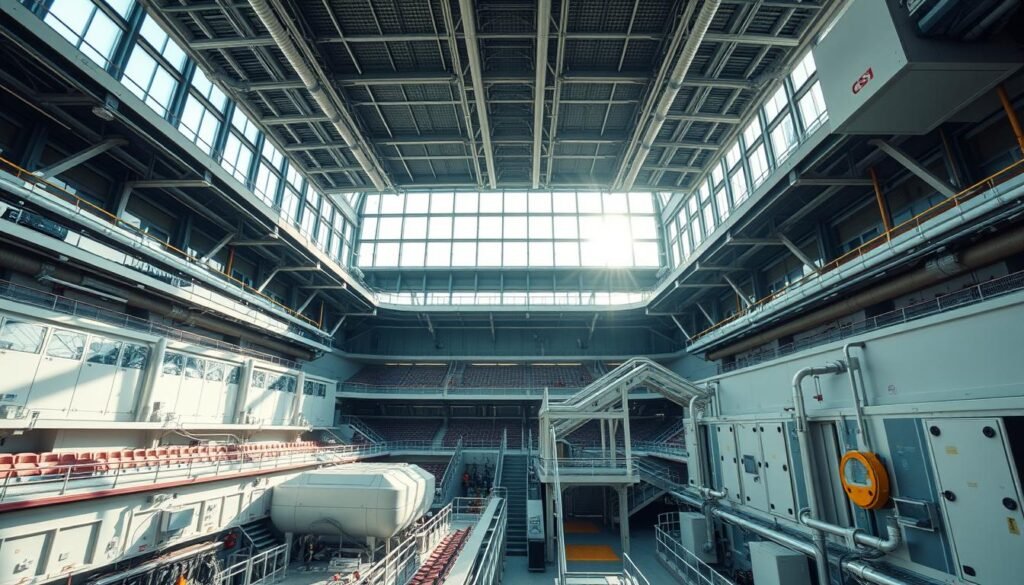 A vast, modernized stadium interior with a focus on the efficient operational workings behind the scenes. Sunlight streams in through the large windows, illuminating the clean, functional spaces - from the control rooms and utility corridors to the meticulously maintained mechanical systems. The atmosphere is one of quiet professionalism, as unseen staff efficiently manage the stadium's operations, ensuring a seamless experience for the spectators above. The camera angle captures this sense of hidden infrastructure, providing a glimpse into the "secret tunnels" that enable the stadium's operational efficiency.