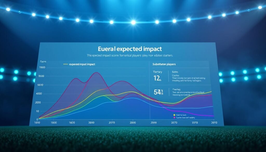 A vibrant data visualization depicting the "expected impact" concept for Europa League players. In the foreground, a dynamic line chart showcases the higher expected impact scores for substitute players compared to starters, visualized through bold, colorful lines. The middle ground features a sleek, modern infographic layout with clean typography and intuitive icons, elucidating the measurement methodology. The background bathes the scene in a cool, tech-savvy ambiance, with a subtle mesh of hexagonal patterns and a muted color palette suggestive of data analytics and performance metrics. Crisp, high-resolution rendering with cinematic lighting and a slightly low camera angle to convey the authority and significance of the subject matter.