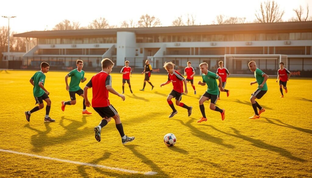 A vibrant, dynamic scene of a Talenta Akademi football training session. The young players in their crisp, colorful uniforms move with purpose and energy, honing their skills on a well-manicured pitch under the watchful eye of their coaches. Midfielders and forwards weave intricate passing patterns, while defenders anticipate and intercept with precision. The mood is one of focused intensity, tempered by the camaraderie and enthusiasm of the next generation of talented footballers. Warm, natural lighting illuminates the action, casting long shadows and highlighting the players' determination. The surrounding facilities fade into the background, emphasizing the academy's role as a nurturing environment for cultivating the creative, attacking talents essential to the future of the Bundesliga.