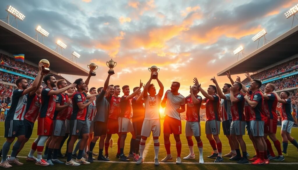 A vibrant scene depicting a victorious football team celebrating their achievements on the field. In the foreground, diverse players in professional football kits, joyfully embracing each other with shining trophies in hand. The middle ground showcases an enthusiastic crowd in the stadium, waving flags and cheering, enveloped in a sea of team colors. In the background, a panoramic view of a dramatic sunset casts warm golden hues across the sky, illuminating the pitch. Soft stadium floodlights create a sparkling effect, enhancing the atmosphere of triumph and pride. The composition is shot from a low angle to emphasize the players' joyous expressions and the intensity of the moment, capturing the essence of teamwork and the success achieved through innovative strategies.