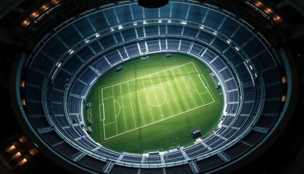 An aerial view of a large, modern stadium with a sprawling, rectangular playing field at its center. The field is surrounded by a complex of interconnected tunnels, passageways, and service areas, all meticulously designed to facilitate the efficient movement of equipment, personnel, and even the ball itself. The architecture is characterized by clean lines, sleek surfaces, and strategic lighting that casts dramatic shadows, creating a sense of both functionality and grandeur. The overall scene conveys the economic potential of this sophisticated, state-of-the-art sports facility, hinting at the diverse revenue streams and long-term benefits it could generate for the team and the local community. An aerial view of a large, modern stadium with a sprawling, rectangular playing field at its center. The field is surrounded by a complex of interconnected tunnels, passageways, and service areas, all meticulously designed to facilitate the efficient movement of equipment, personnel, and even the ball itself. The architecture is characterized by clean lines, sleek surfaces, and strategic lighting that casts dramatic shadows, creating a sense of both functionality and grandeur. The overall scene conveys the economic potential of this sophisticated, state-of-the-art sports facility, hinting at the diverse revenue streams and long-term benefits it could generate for the team and the local community.