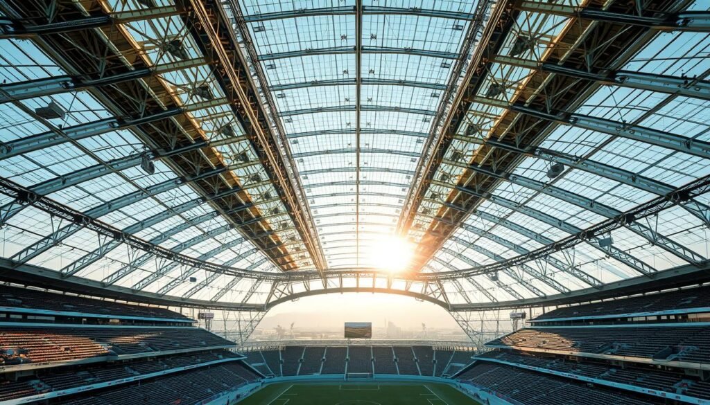 An open-air stadium roof of futuristic technology, sleek and modern in design. Sunlight filters through a complex network of glass and steel beams, casting a warm glow across the stands. Sensors and cameras are seamlessly integrated into the architecture, monitoring every aspect of the stadium's operations. The roof appears to levitate, a testament to the engineering marvels that define this cutting-edge sports facility. In the distance, a glimpse of the playing field below, the stage for the latest innovations in sports technology and fan engagement. This is a stadium that pushes the boundaries of what is possible, a true temple of modern athletic prowess.