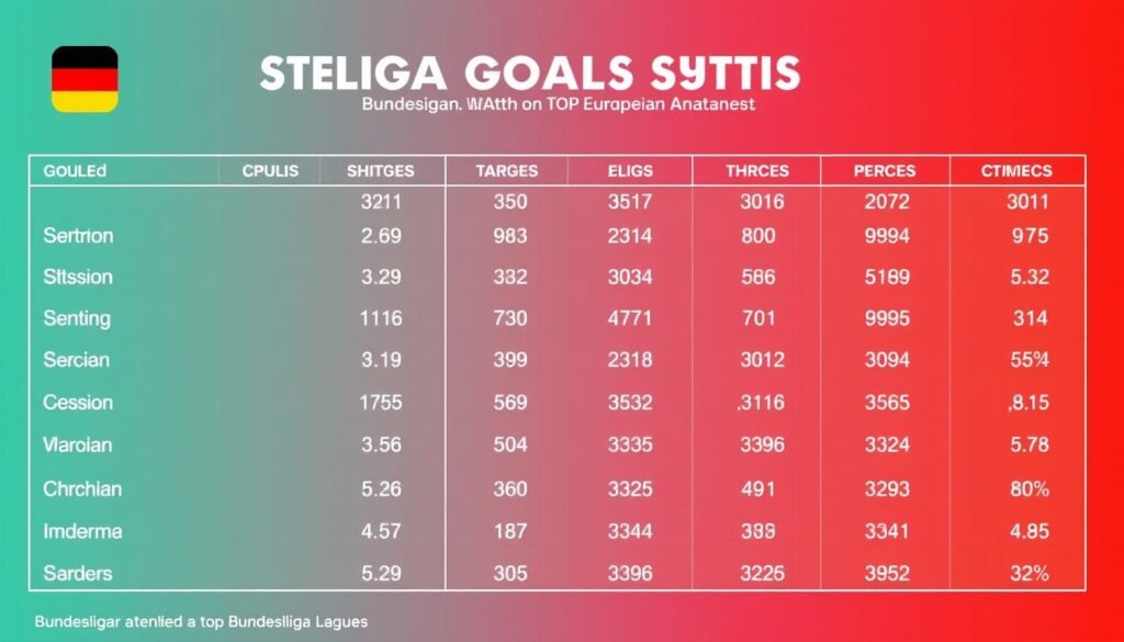 Crisp, data-driven visualization of Bundesliga goal statistics compared to top European leagues. A sleek, minimalist design featuring a clean, well-lit table or infographic layout. Bold, modern typography highlights key performance metrics such as goals per match, shots on target, and conversion rates. The data is presented in a clear, concise manner, allowing the viewer to easily compare and draw insights. The overall aesthetic is polished and professional, complementing the authoritative subject matter. The mood is one of objective analysis, with a touch of visual flair to engage the reader.