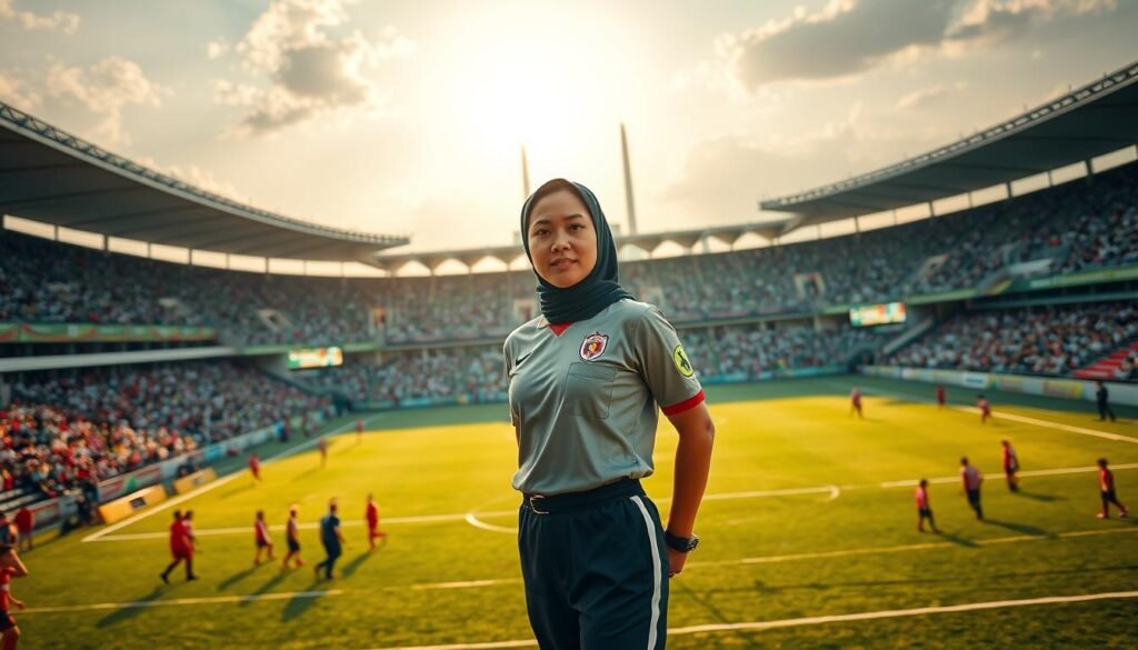 Wasit Aceh Siti Syawaliah, standing confidently in the center of a bustling football pitch, her gaze focused and authoritative. Clad in a crisp, official referee's uniform, she commands the attention of the players and spectators alike, her presence radiating a sense of fairness and professionalism. The sun casts a warm, golden glow over the scene, illuminating the lush, verdant field and the towering stands filled with fervent fans. In the background, the iconic landmarks of Aceh Province rise up, a testament to the rich cultural heritage that Siti represents. The image conveys a powerful narrative of a trailblazing woman breaking down barriers and paving the way for a more inclusive future in Indonesian sports.