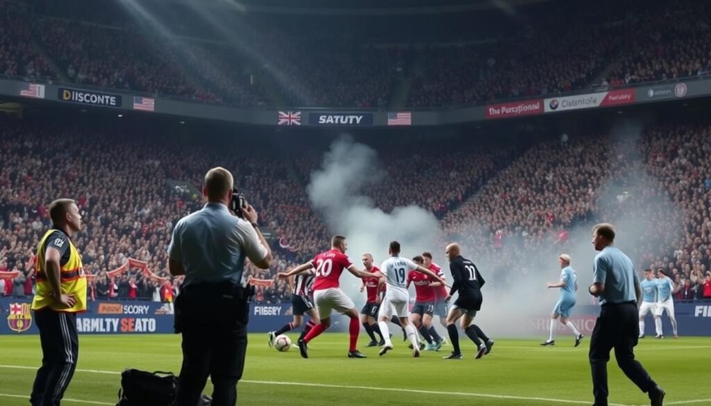 a high-intensity soccer match taking place in a well-lit stadium, with a strong sense of security and control. A large crowd of passionate fans fills the stands, creating an electric atmosphere. On the field, players engage in a fierce physical battle, with referees and security personnel closely monitoring the action to ensure the safety of all participants. The scene conveys a sense of heightened emotions and a high-stakes environment, where the security protocols and procedures are crucial in maintaining order and preventing any potential escalation of tensions.