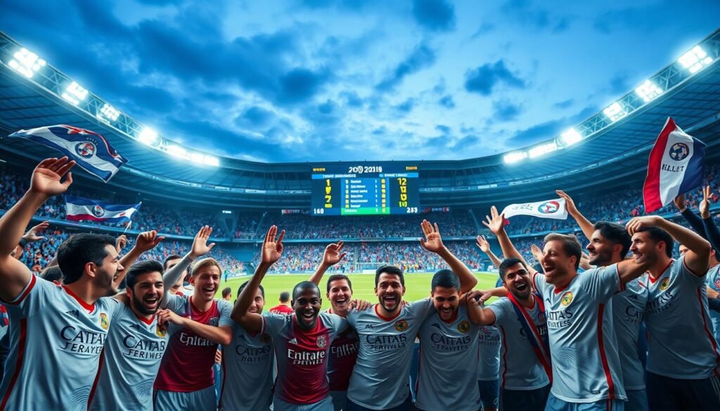 A dynamic and vibrant scene depicting the excitement of the UEFA Champions League quarter-finals. In the foreground, a group of diverse football players in professional team kits are celebrating a victory, their expressions full of joy and triumph. In the middle ground, a large scoreboard displays the match results prominently, surrounded by cheering fans holding flags and banners, creating an electric atmosphere. The background features a grand stadium illuminated by bright floodlights against a twilight sky, enhancing the sense of anticipation and competition. The image captures the essence of teamwork and sporting passion, with a focus on the celebration of achievement in football, conveying a mood of exhilaration and unity. Use a wide-angle lens effect for a dramatic perspective.