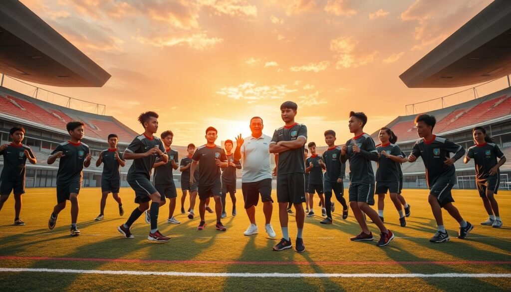 A dynamic sports training scene capturing the intense preparation for the SEA Games 2025. In the foreground, a diverse group of young Indonesian athletes in matching sports uniforms, engaged in high-energy drills on a modern training field, showcasing determination and teamwork. In the middle, a coach guiding them with enthusiasm, encouraging a positive atmosphere, while emphasizing skill development and strategy. The background features an expansive stadium under a vibrant sunset, illuminating the scene with warm, golden light, and creating a feeling of hope and ambition. The wide-angle perspective provides depth, emphasizing the athletes' focus and dedication, embodying the spirit of competition and national pride.