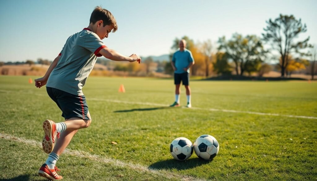 A focused soccer training session featuring a young male player dressed in a modest sports uniform practicing free kick techniques on a well-maintained grassy field. In the foreground, the player, positioned to take the kick, is displaying proper form with his strong leg raised, while a soccer ball rests on the ground nearby. The middle ground shows a coach observing attentively, offering guidance, with a few training cones scattered around to indicate a structured practice setting. The background includes a clear blue sky and distant trees, bathed in warm sunlight, creating an energetic and inspiring atmosphere conducive to skill development. Use a wide-angle lens to capture the movement and intensity of the scene.
