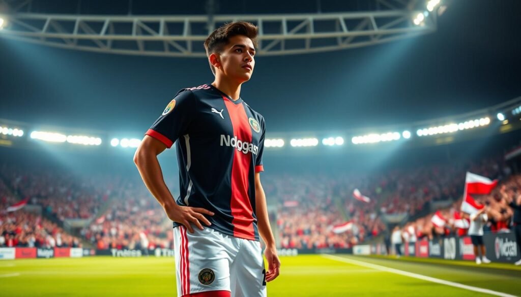 A young Indonesian football player, Calvin Verdonk, is the focal point of the image, standing confidently on a well-manicured football pitch. He is dressed in a professional football kit that represents NEC Nijmegen, showcasing his team colors amid a lively stadium backdrop filled with cheering fans. The foreground includes a close-up of Verdonk's determined expression, revealing his ambition and focus as he looks towards the goal. The middle ground captures the vibrant energy of the crowd, with waving flags and enthusiastic supporters. The background features blurred outlines of football stadium lights illuminating the field, creating a dramatic atmosphere. The lighting is bright and dynamic, highlighting Verdonk's athleticism and talent, while a low-angle shot adds grandeur to the scene, emphasizing his potential as a rising star in European football.