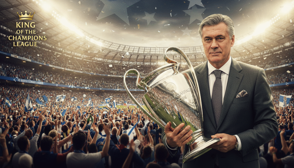 Carlo Ancelotti, the revered manager, stands confidently in a stylish professional suit, exuding charisma and leadership. In the foreground, he holds the prestigious UEFA Champions League trophy, its gleam reflecting his achievements. The middle ground showcases a vibrant stadium filled with cheering fans, waving flags in celebration, signifying the thrill of victory. The background features iconic landmarks of football culture, subtly hinting at the history of the Champions League. The lighting is dynamic, with bright stadium lights illuminating Ancelotti, casting a heroic glow around him, capturing the intense atmosphere of triumph. The mood is celebratory and inspiring, emphasizing Ancelotti’s legacy as the "King of the Champions League."