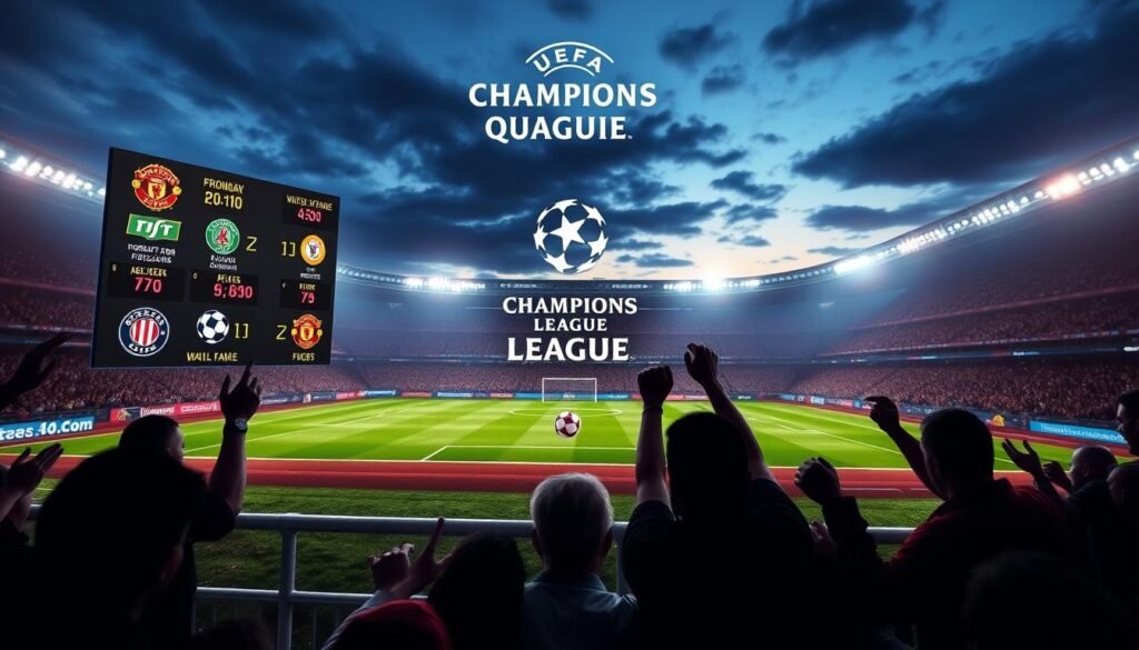 Create an image showcasing the UEFA Champions League quarter-final schedule. In the foreground, display a sleek, digital scoreboard design, featuring vibrant team logos and match timings, all illuminated with LED lights. In the middle, depict a stylized football pitch with detailed graphics of a ball and goalposts, surrounded by cheering silhouettes of fans. In the background, include a dramatic stadium scene with an evening sky, illuminated by stadium lights, creating an exciting atmosphere. The overall mood should be energetic and anticipatory, capturing the thrill of the upcoming matches. Use a dynamic angle to emphasize the action and excitement of the event, ensuring the image remains professional and clean without any text or logos.