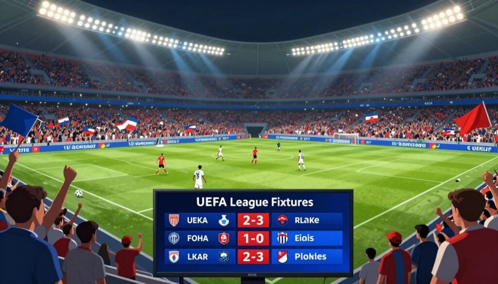 A captivating and detailed illustration of the UEFA League Fixtures for February 2-3, 2026. The foreground features a sleek digital scoreboard displaying match times and teams in professional league format. In the middle ground, a vibrant soccer field is illuminated under stadium lights, with players in action in professional uniforms, capturing the intensity of the league atmosphere. The background showcases a packed stadium filled with enthusiastic fans waving flags and cheering, enveloped in a lively ambiance. The image is shot from a low angle, highlighting the excitement and energy of the matches, with a dynamic color palette that enhances the competitive spirit of European football. The overall mood is thrilling and engaging, focused on the anticipation of upcoming matches.