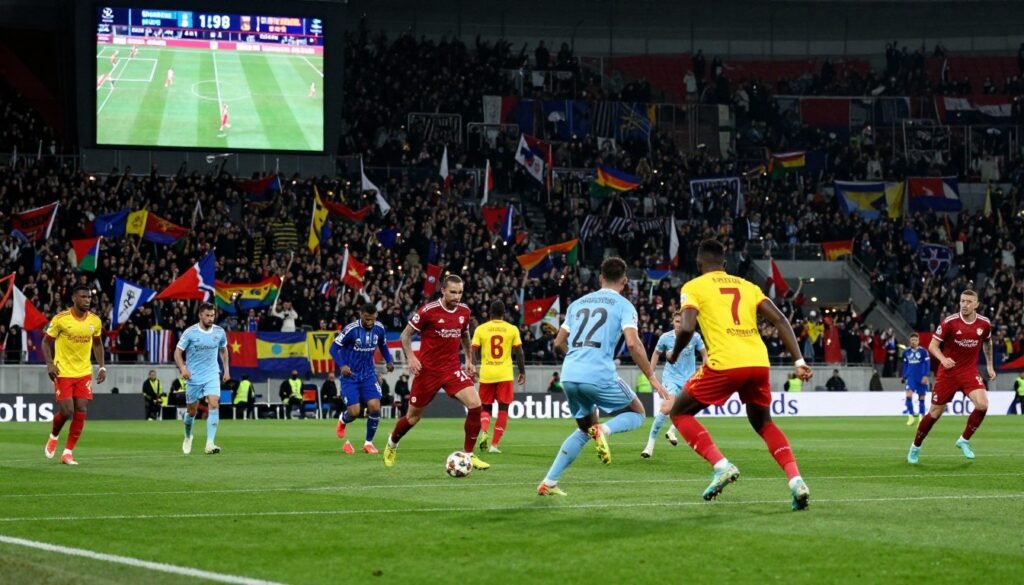 A dynamic soccer scene capturing the excitement of the UEFA Champions League highlights. In the foreground, a group of players in vibrant kits, showcasing their athletic prowess as they engage in an intense match. The middle ground features a packed stadium filled with cheering fans holding colorful banners and flags, exuding an electric atmosphere. The background includes a large electronic scoreboard displaying the match score and time, bathed in dramatic stadium lighting. The scene is depicted at a low-angle perspective, emphasizing the energy and intensity of the game, with a slight blur to convey motion. The mood is exhilarating and competitive, perfect for illustrating the thrilling highlights of top European football matches.